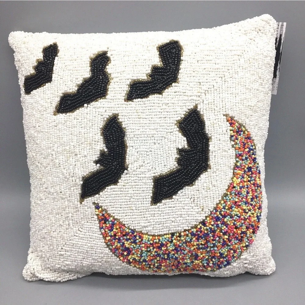 Noir Night Halloween Beaded Throw Pillow Black Bat Colorful Crescent Moo…